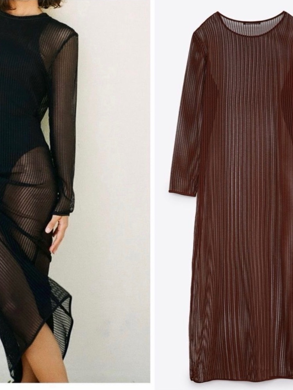 Zara Brown Long Sleeve Mesh Dress in S-M
